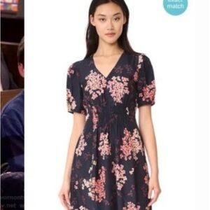Rebecca Taylor Phlox Navy Floral Silk V-Neck Puff Sleeve Mini Dress